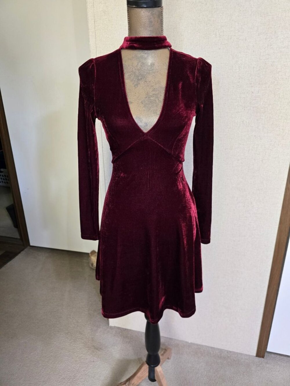 XS Velvet Long Sleeve Deep V-Neck Burgundy Skater Dress Whimsigoth